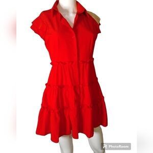 Red‎ Fun Flirty button down tiered ruffle trim dress S/M